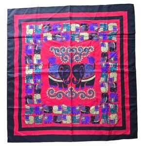 Vintage Thai Silk Elephant Scarf Vibrant Red & Black Design Taiwan